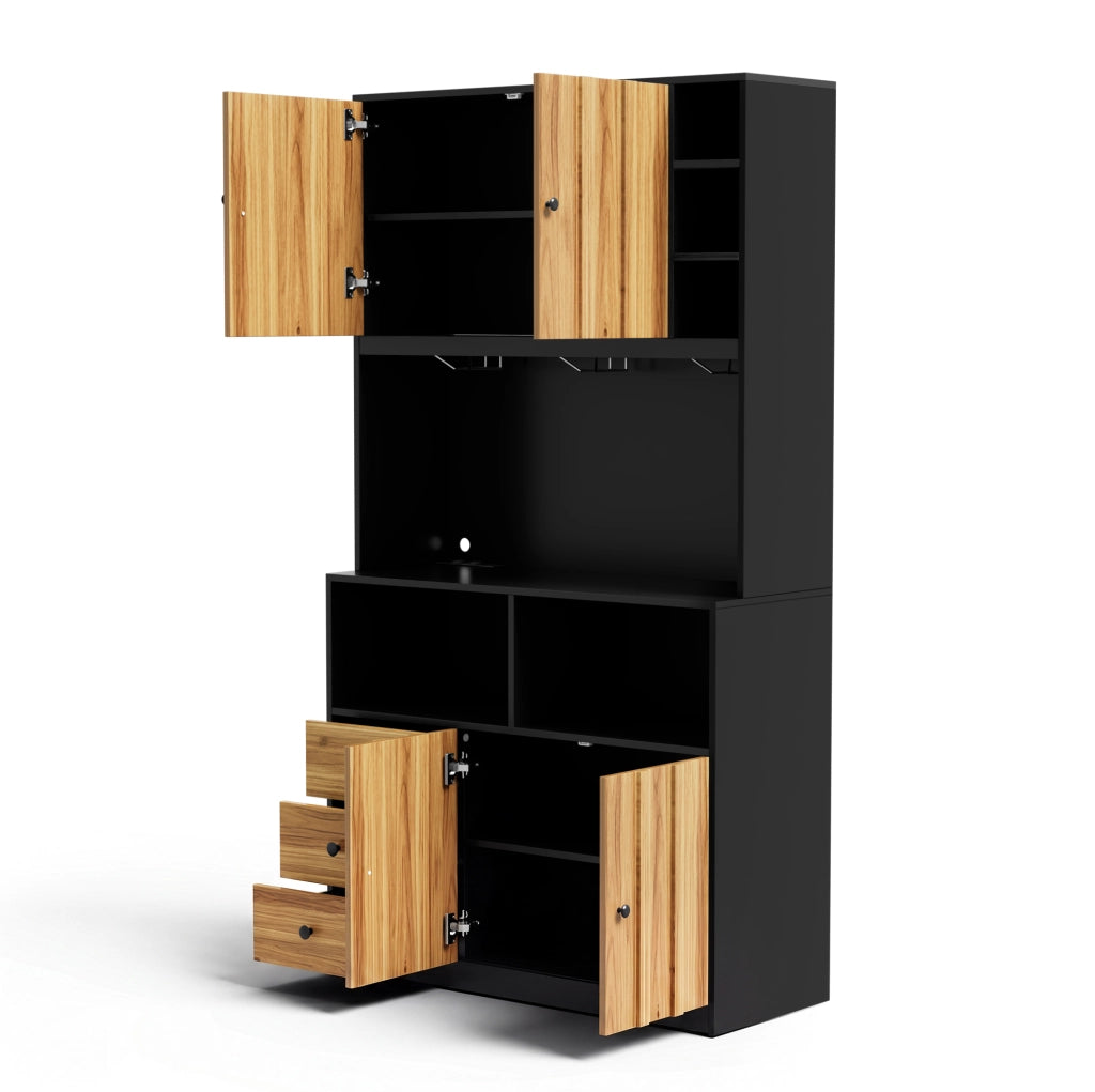 Credenza cucina 100x40x180 cm con LED; prese e portabottiglie in MDF nero e naturale