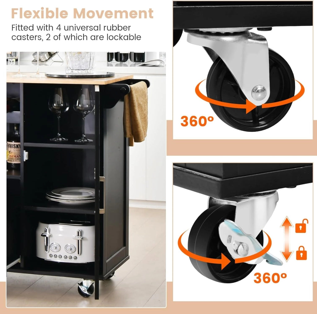 Carrello da Cucina con Ruote, Carrello di Servizio con 2 Armadietti a Anta, 1 Cassetto, 1 Portabottiglie, 1 Portasciugamani e 1 Portaspezie, Nero/Bianco (Nero)