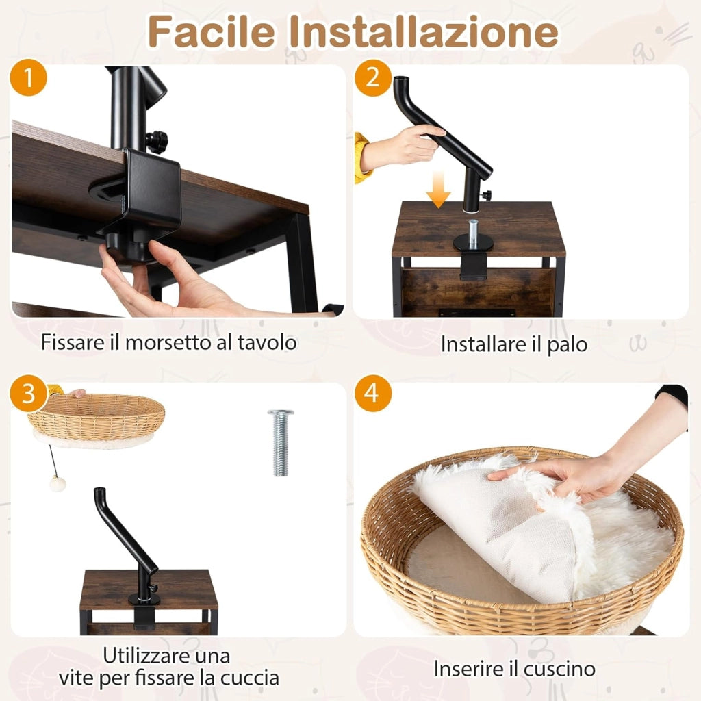Letto per Gatti da Scrivania Girevole 360°, Cuccia per Gatti in Rattan PE con Cuscino in Peluche Rimovibile, Amaca con Morsetto per Spessore 1,5-4,5 cm, Cuccia Salvaspazio per Ufficio e Casa