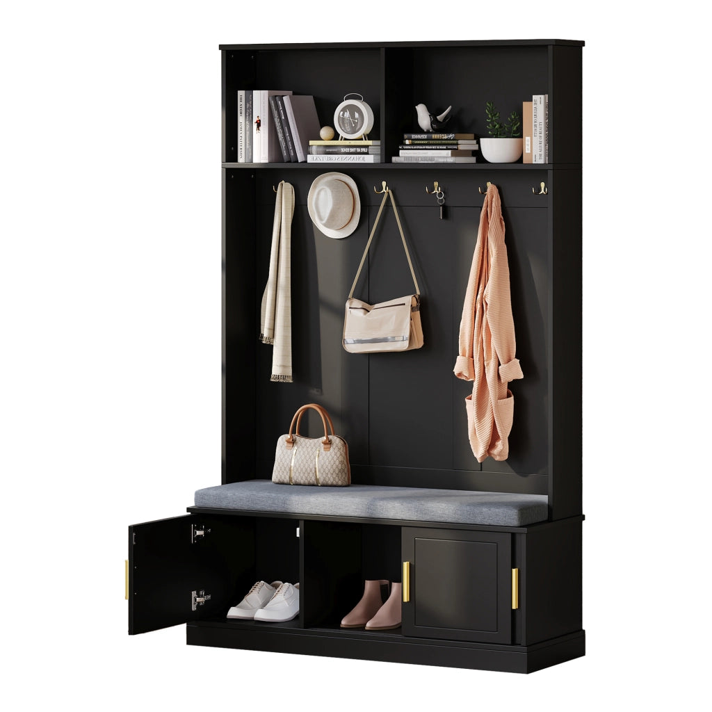 OKWISH Mobile da Ingresso con Panca Scarpiera, 6 Ganci Tripli e Ripiano Aperto, Antiribaltamento, Nero, 120 x 40 x 191 cm