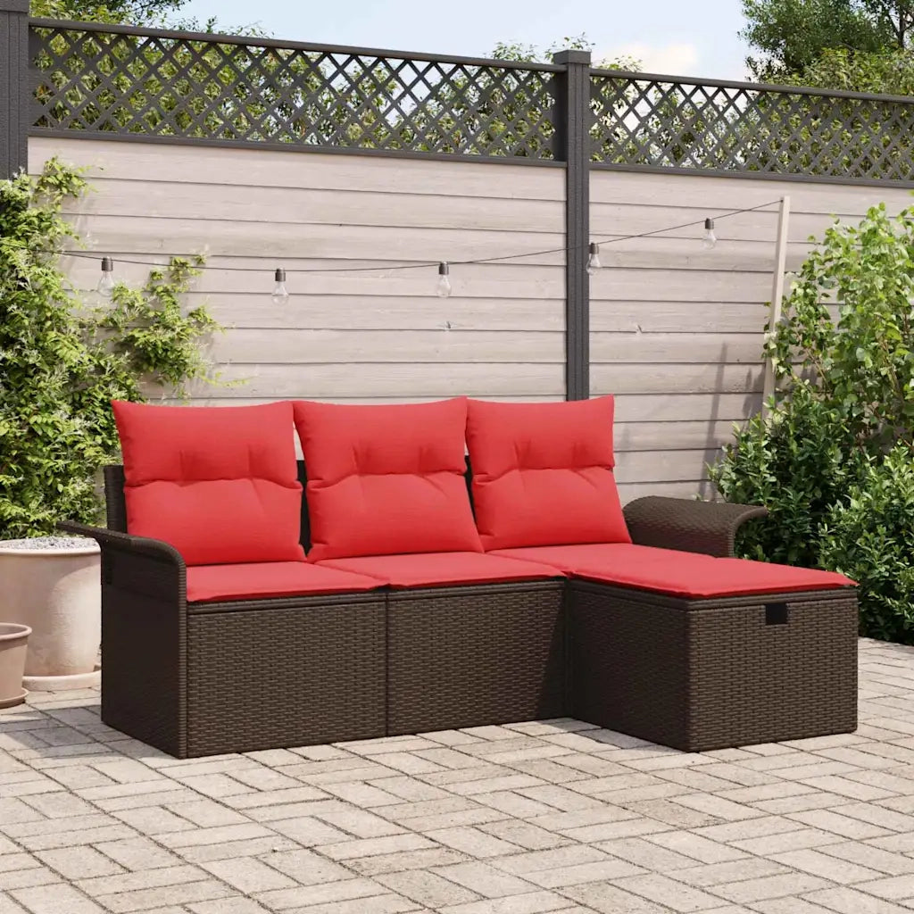 Set Divano da Giardino 4 pz | Set Salotto da Giardino Marrone e Rosso polyrattan
