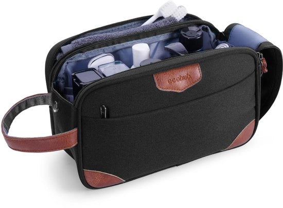 Toilettas per uomo, borsa cosmetica con chiusura a doppio girovita, toilettas acqua-resistenti con grande compartimento e zona umida, toilettas in PET riciclato, colore nero