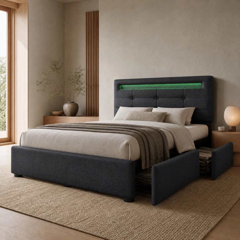 LETTO Singolo 90x200 cm in lino grigio con LED e 2 cassetti