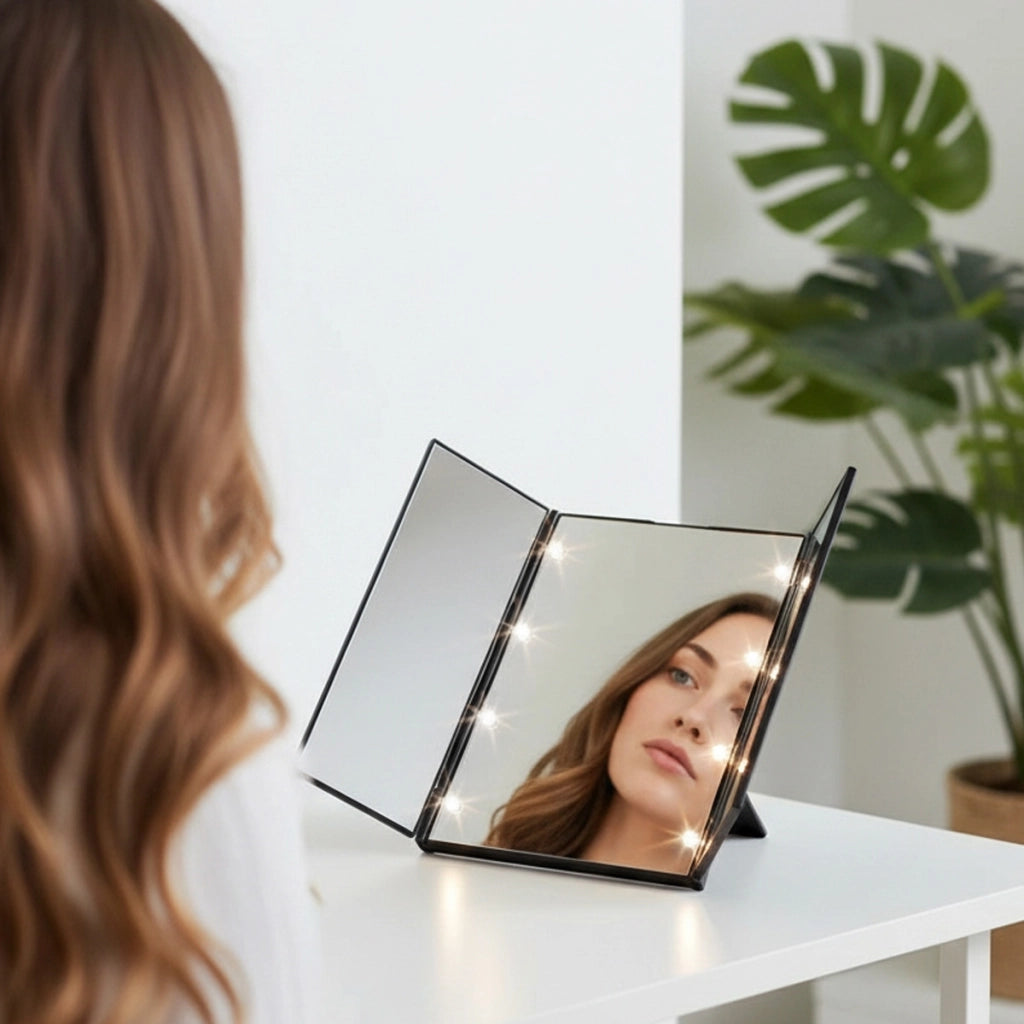 Specchio per trucco a tre ante con illuminazione LED integrata e ante pieghevoli Nero Avizar