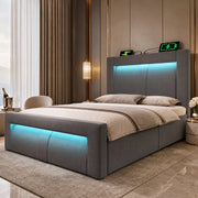 DESMIU Letto singolo 90 × 200 cm con vano contenitore, LED, USB, Type-C, senza materasso, in velluto, grigio