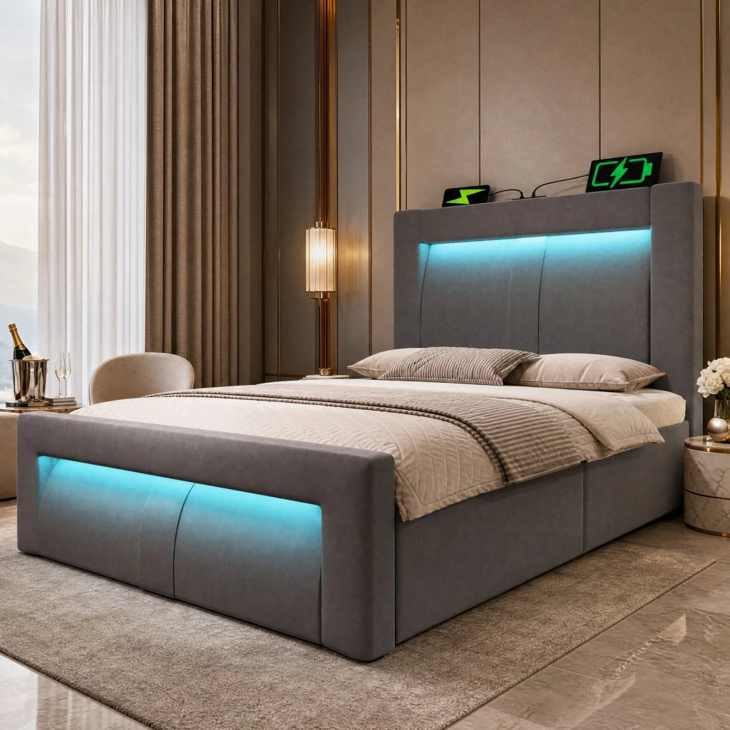 DESMIU Letto singolo 90 × 200 cm con vano contenitore, LED, USB, Type-C, senza materasso, in velluto, grigio