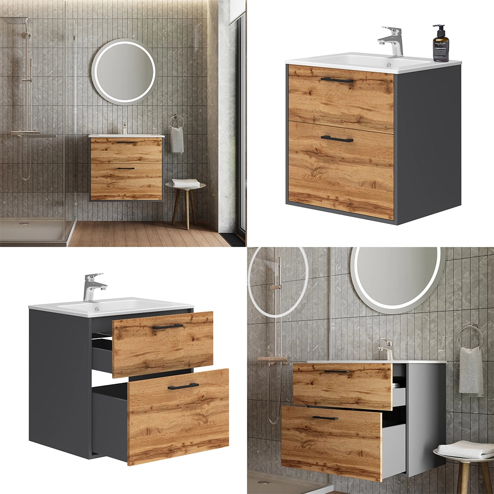 Vicco Set di mobili da bagno Antracite/quercia dorata 61 x 61.5 cm con lavabo
