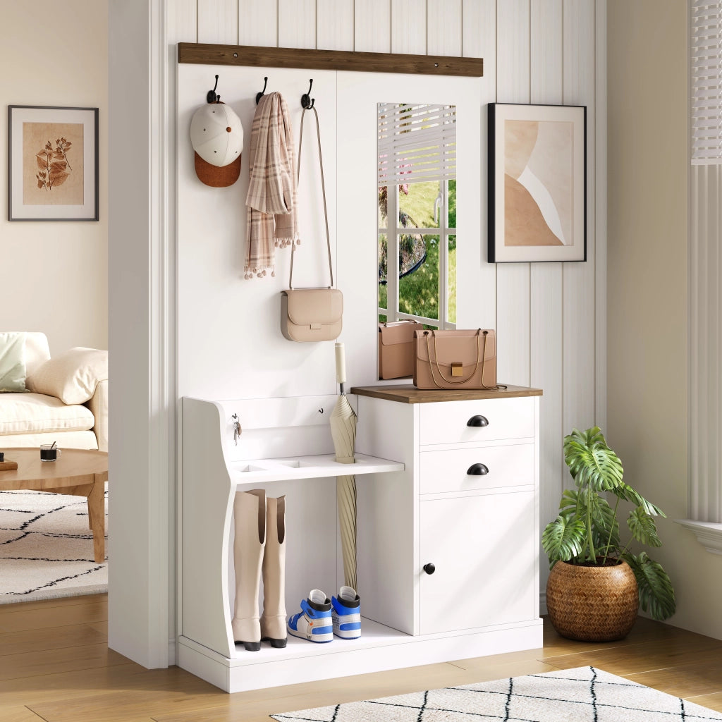Mobile Ingresso con Specchio; 1 Anta; 2 Cassetti; Portaombrelli e Appendini; Stile Moderno; in Pannello di Particelle; Bianco; 110;5??38??191 cm