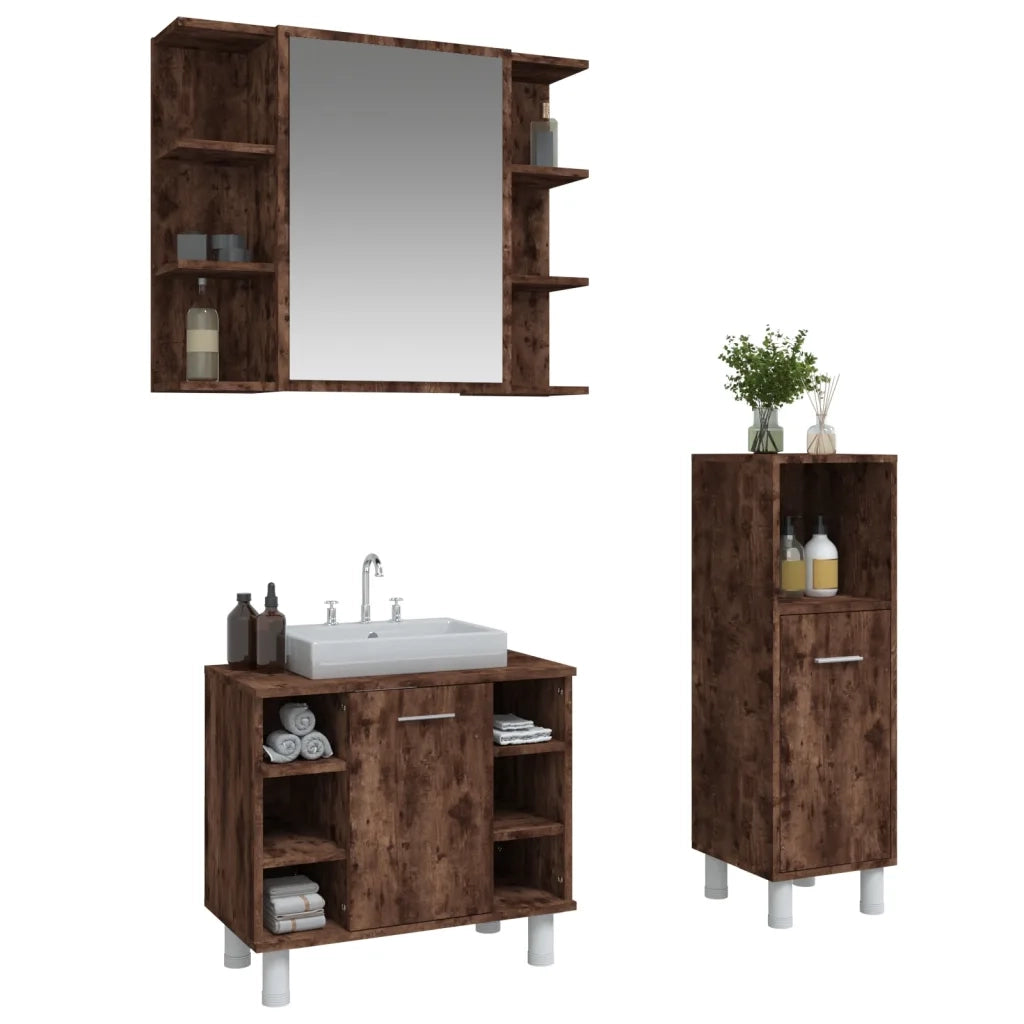 Set Mobili da Bagno | Armadio da bagno 3 pz Rovere Fumo in Legno Multistrato