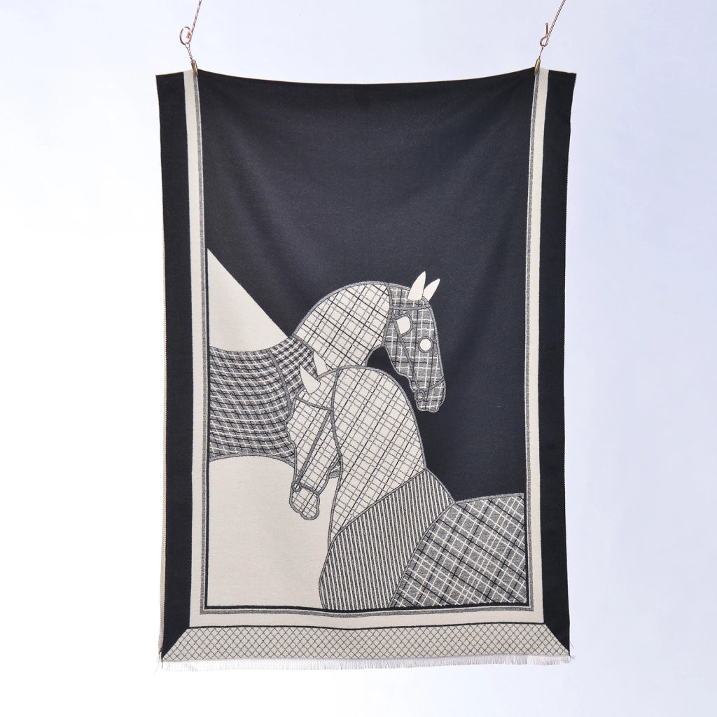Elegante e raffinata sciarpa da donna in cashmere con motivo a cavallo.