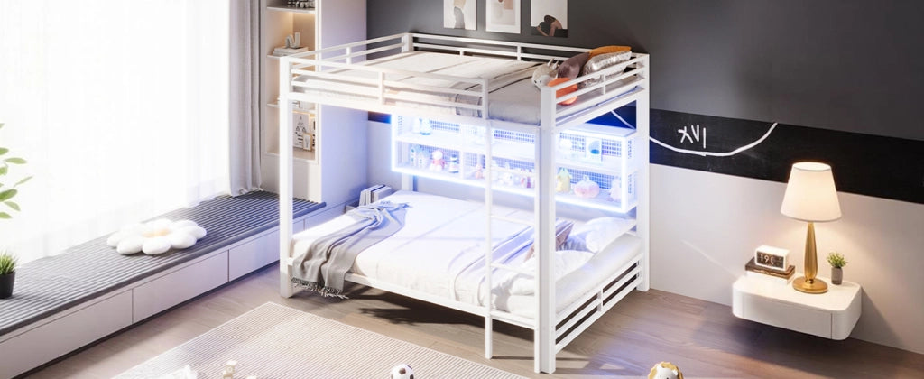 DESMIU Letto a castello 140 × 200 cm 2 posti con 6 vani portaoggetti, LED, senza materasso, metallo, bianco