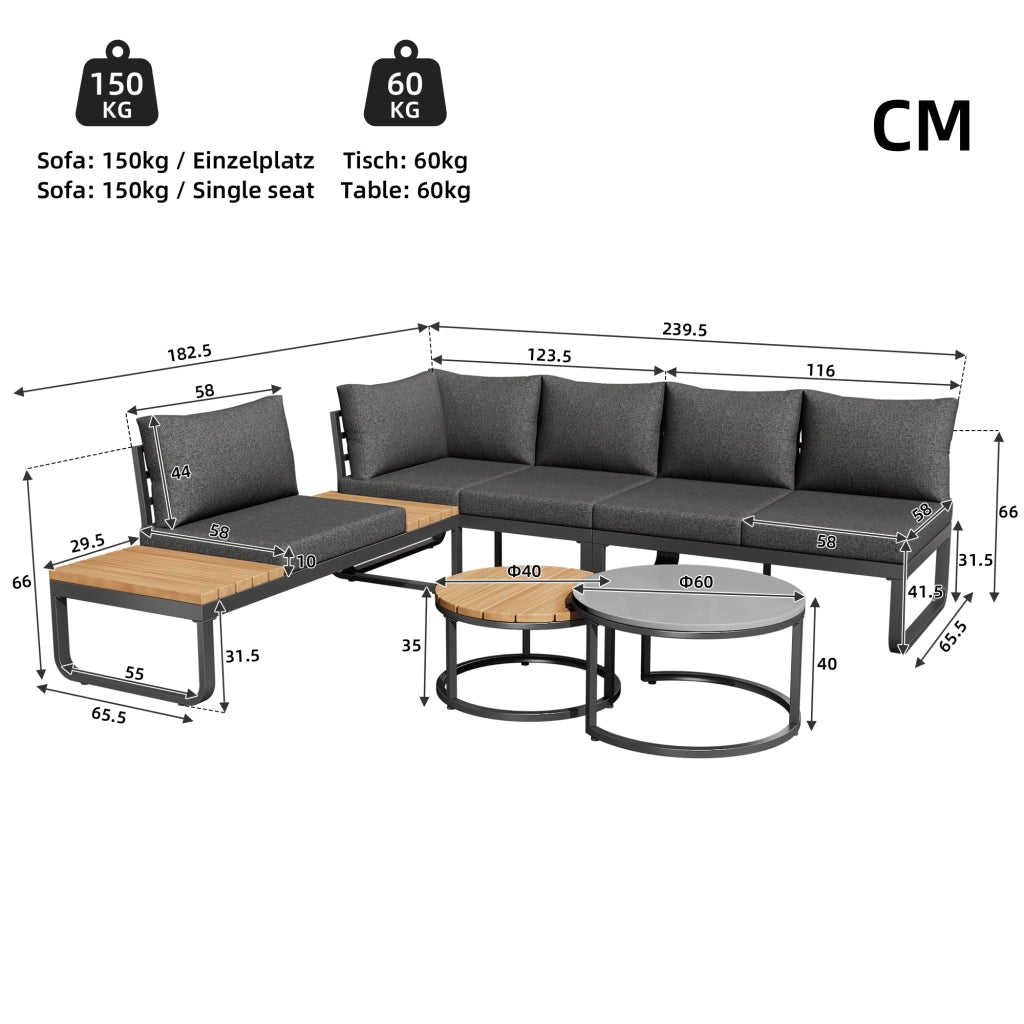 OKWISH Set di 5 mobili da giardino con 2 divani a 2 posti, 1 poltrona con piani laterali e 2 tavolini, Ferro Grigio