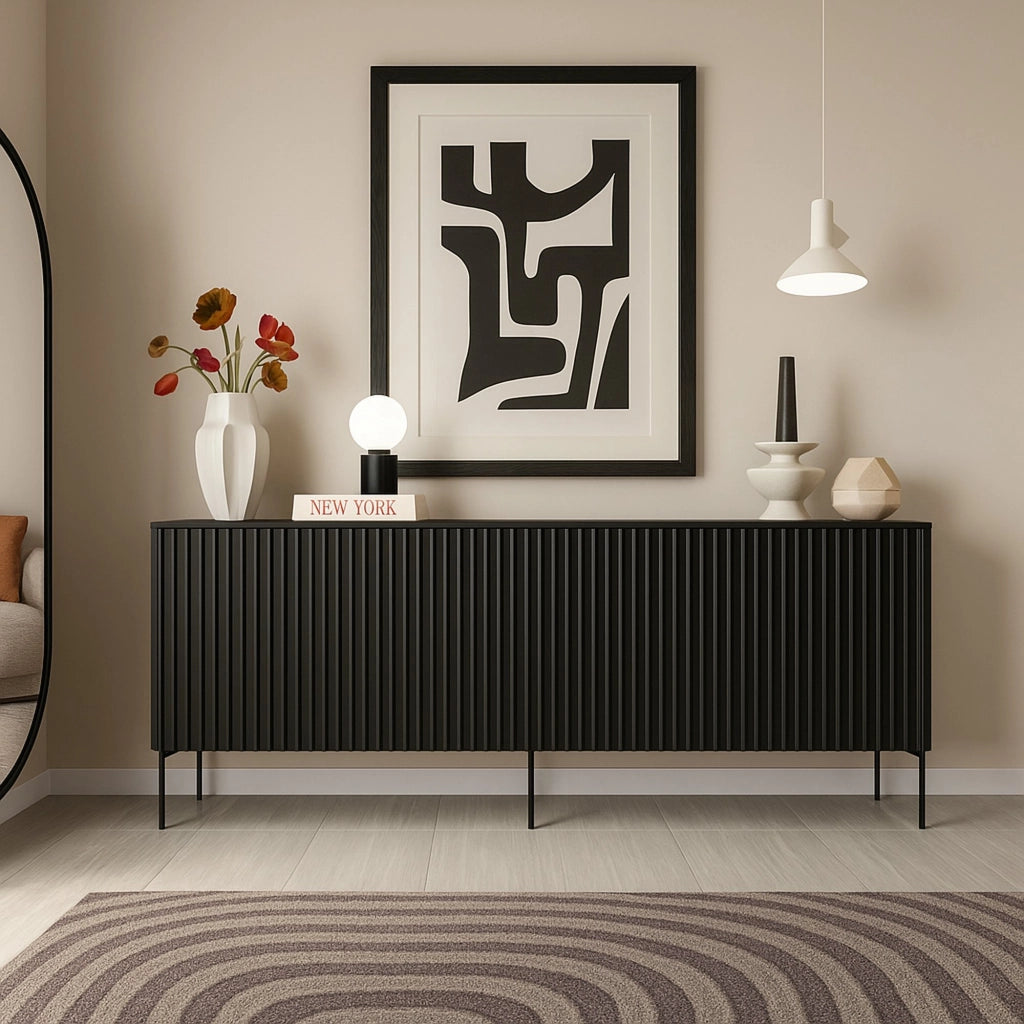 Credenza Laion, Madia da salotto con quattro ante battenti, Rialzata da terra, 190x40 h80 cm, Nero