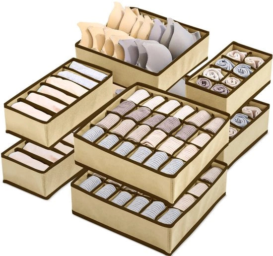 Set di 8 organizzatori per la biancheria intima, contenitori pieghevoli, borsa per la conservazione di reggiseni, calze, sciarpe, biancheria intima - beige