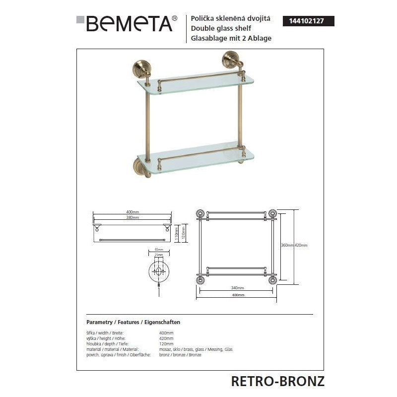Doppio ripiano, doppio ripiano in vetro RETRO in ottone 40x42x12 cm
