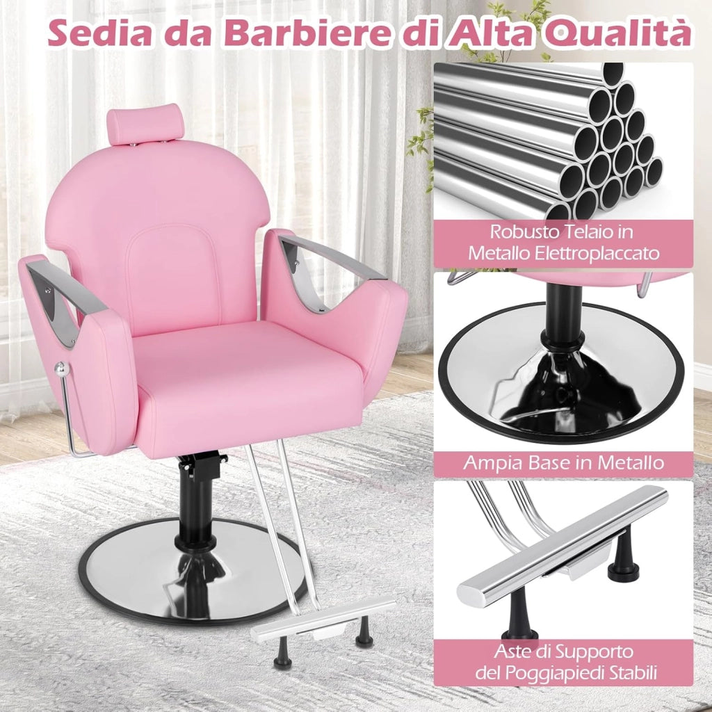 Sedia da Parrucchiere Girevole 360°，Altezza Regolabile, Poltrona Idraulica con Poggiapiedi, Sedia da Salone con Poggiatesta e Schienale Reclinabile, per Parrucchieri, Saloni di Bellezza (Rosa)