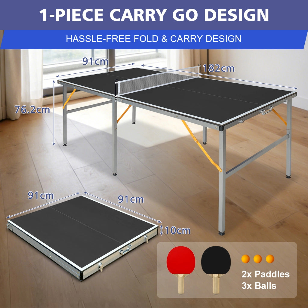 TAVOLO PING PONG 182x91 cm Nero MDF e Acciaio, Set con rete, 2 racchette, 3 palline