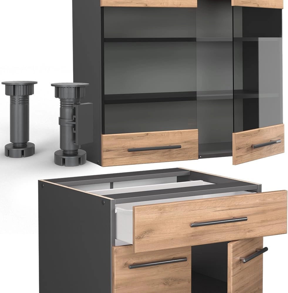 Cucina completa Fame-Line, Quercia dorata/antracite, 140 cm senza piano di lavoro, adatto per la combinazione individuale con altri moduli