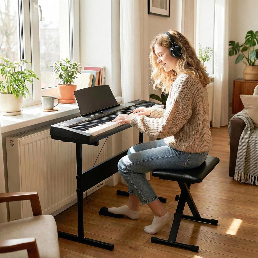 Tastiera Pianoforte a 61 Tasti, Set Pianoforte Elettrica con Supporto e Sgabello Regolabili, 128 Ritmi & 128 Toni e 80 Demo, Strumento Musicale per Bambini, Adolescenti e Adulti