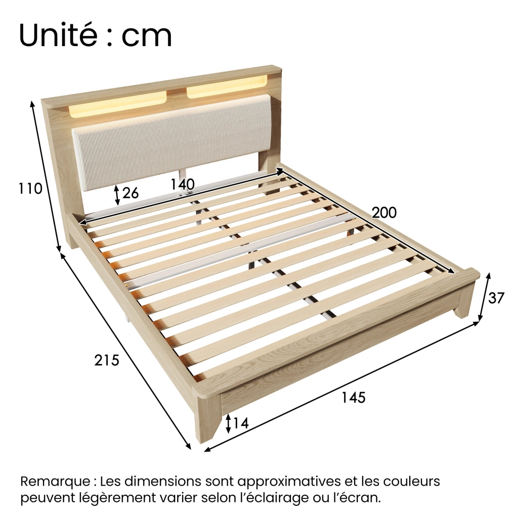 Letto matrimoniale 140×200 cm con contenitore; LED; ripiano e materasso incluso; legno; beige