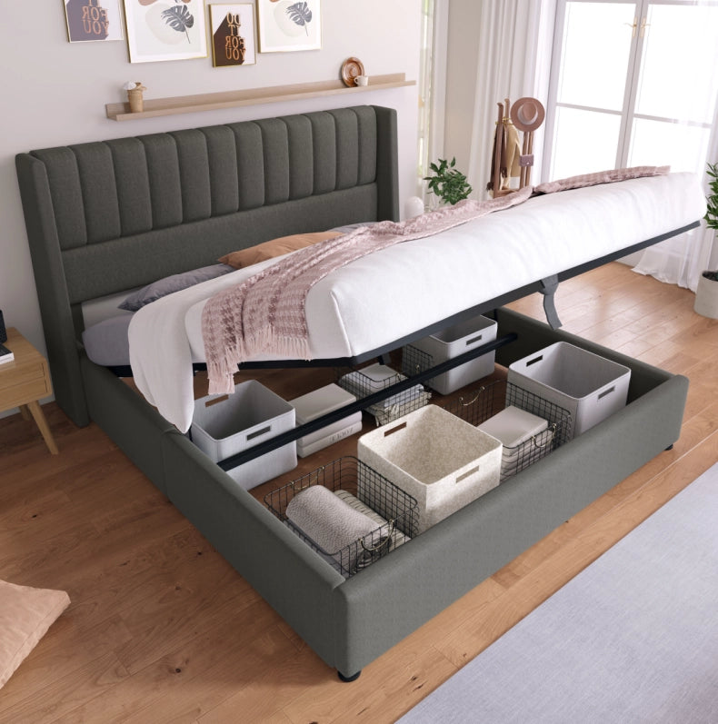Letto matrimoniale imbottito con contenitore idraulico 160x200 cm in lino; grigio