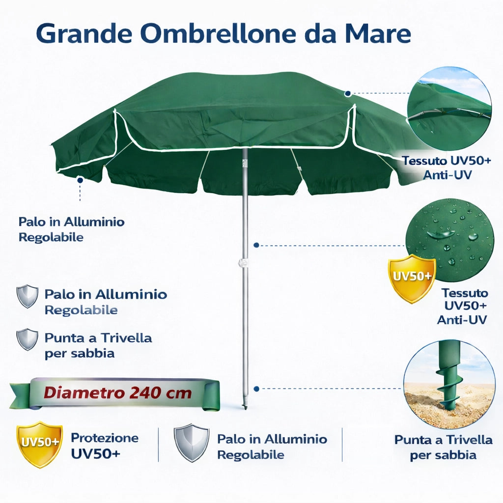 Ombrellone Mare Spiaggia 240 cm Antivento Alluminio UV50+ Inclinabile con Custodia e Trivella