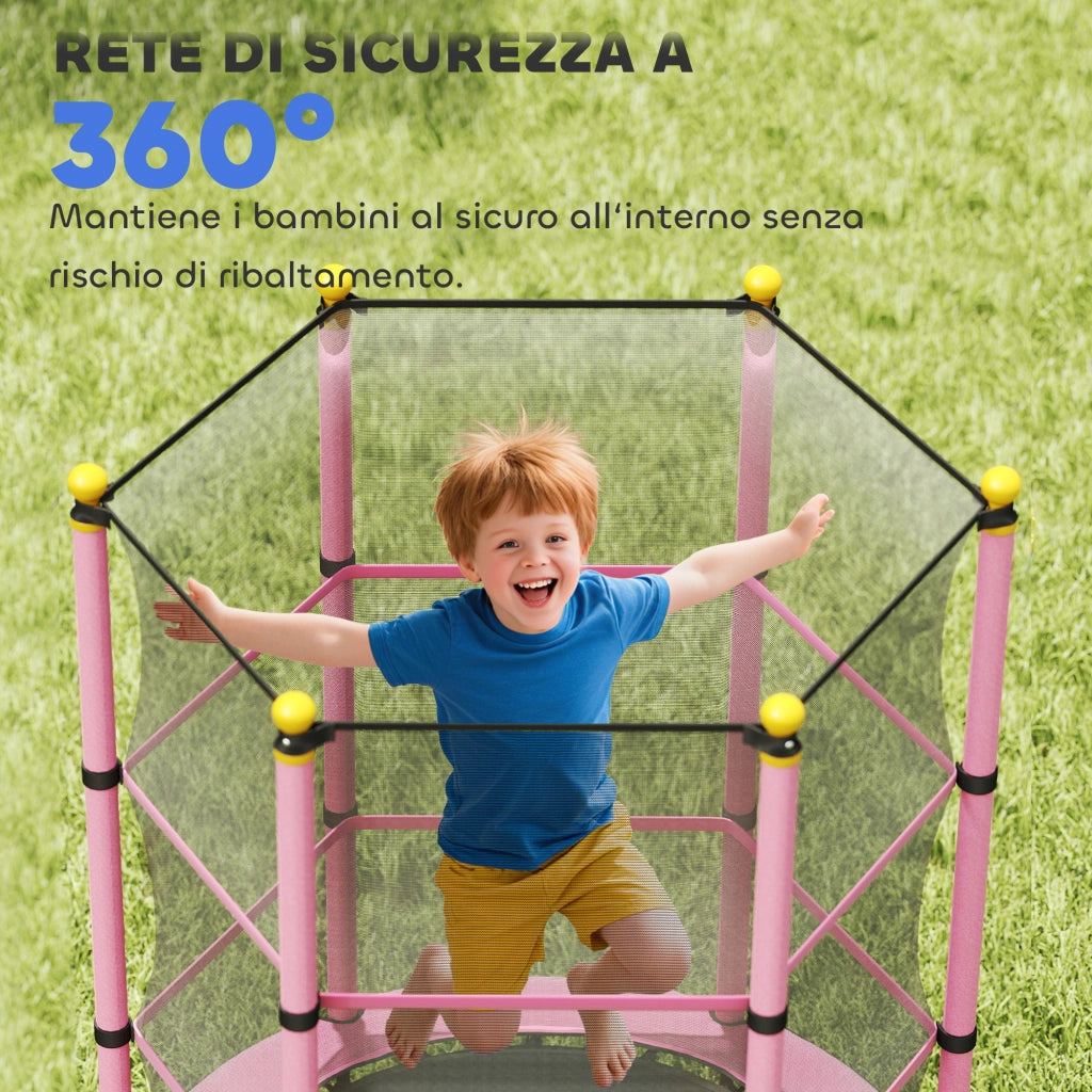 Tappeto Elastico per Bambini con Rete di Sicurezza e Pali Imbottiti Et¨¤ 3-10 Anni, ?140 x 190 cm, Rosa