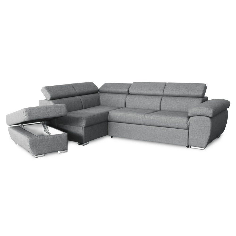 Divano Letto Angolare Fiona con Penisola Sinistra e Pouf Contenitore – Grigio