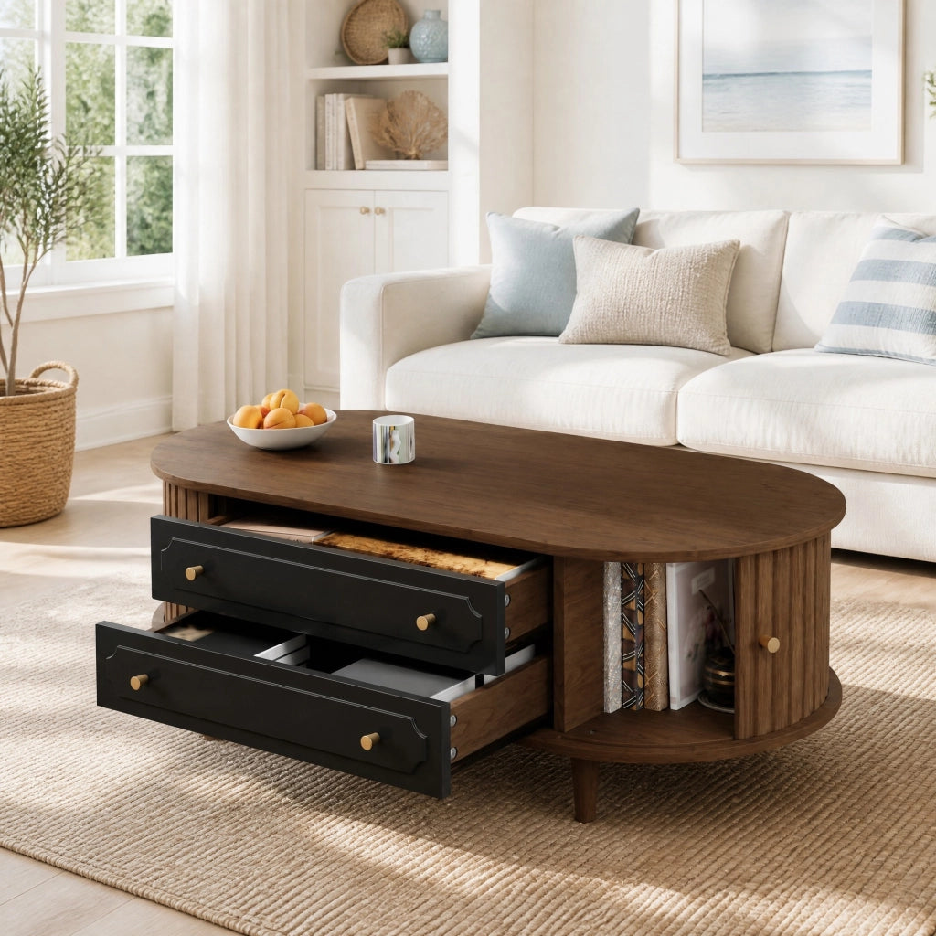 Tavolino da salotto 100x50x36 cm con 2 cassetti e 2 ante avvolgibili in truciolare; noce e nero