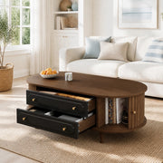 Tavolino da salotto 100x50x36 cm con 2 cassetti e 2 ante avvolgibili in truciolare; noce e nero
