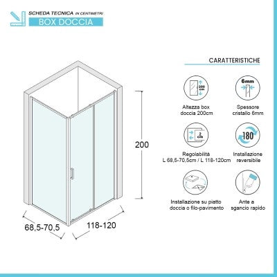 Box doccia angolare 70x120 cm scorrevole in cristallo trasparente Ted