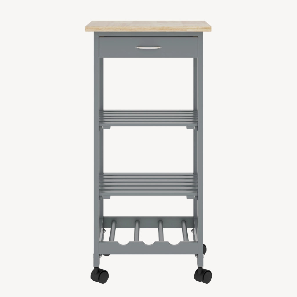 Carrello Portaoggetti Biel con Cassetto 3 Ripiani e Griglia Portabottiglie 76x37x37 cm - Grigio Scuro / Effetto Legno [en.casa]