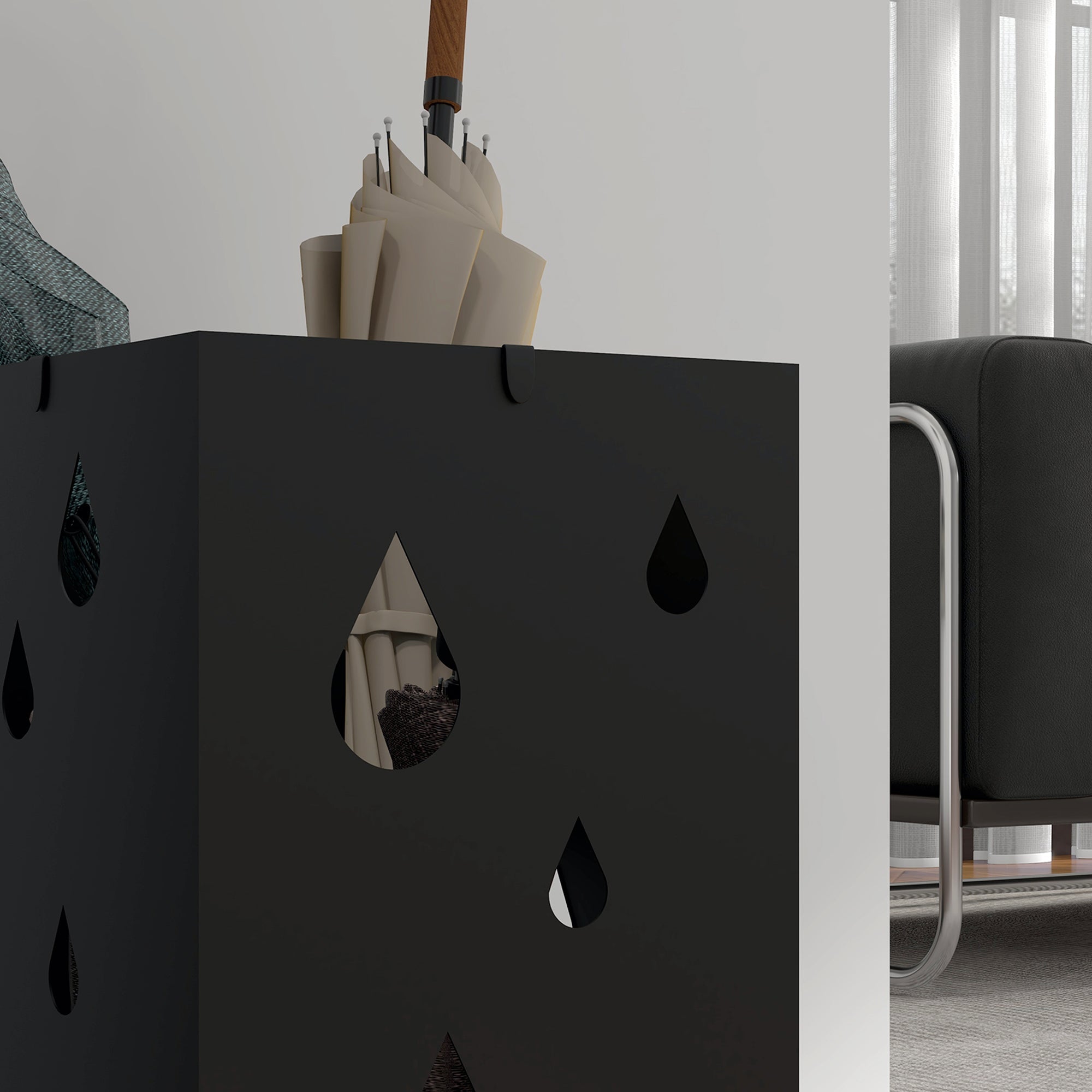 Portaombrelli con 4 Ganci e Vaschetta Raccogligocce 15,5x15,5x41 cm in Metallo Nero