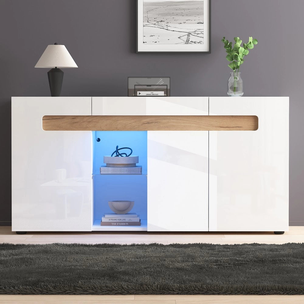 Credenza TV con LED ¨C MINIMAL ¨C Bianco Lucido, Vetro, 140x40x70