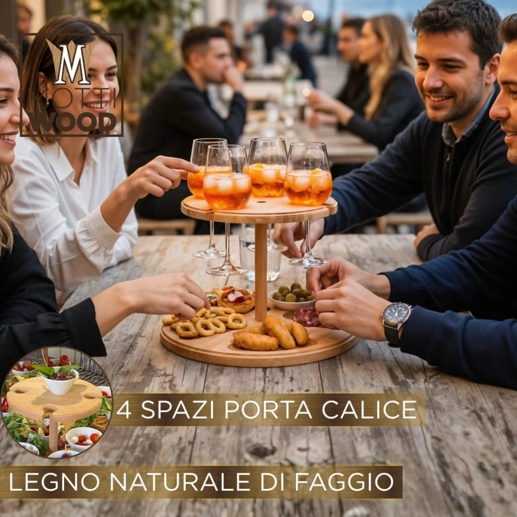 Tagliere Vassoio Aperitivo Porta Calici in Legno di Faggio 4 Posti