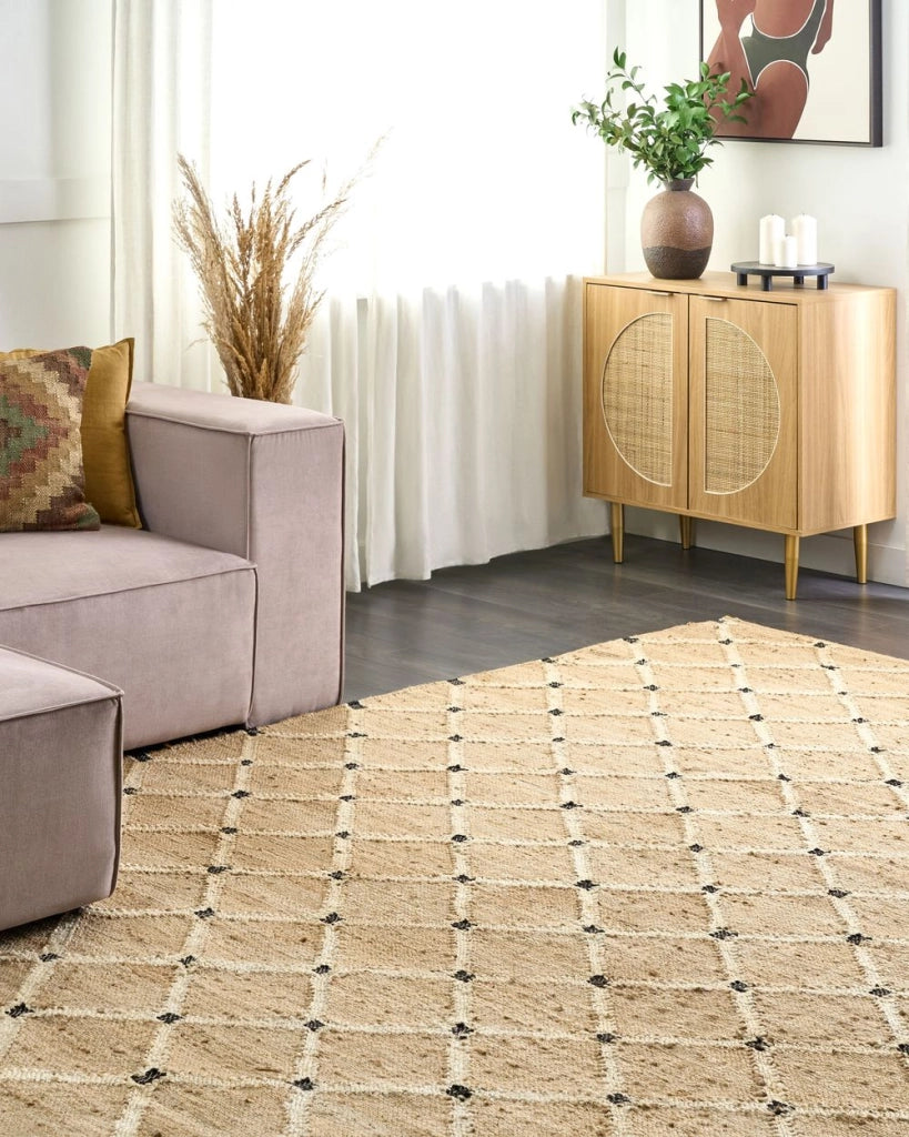 Tappeto di iuta intrecciata naturale in stile bohémien con motivo geometrico 300 x 400 cm Beige camera da letto soggiorno