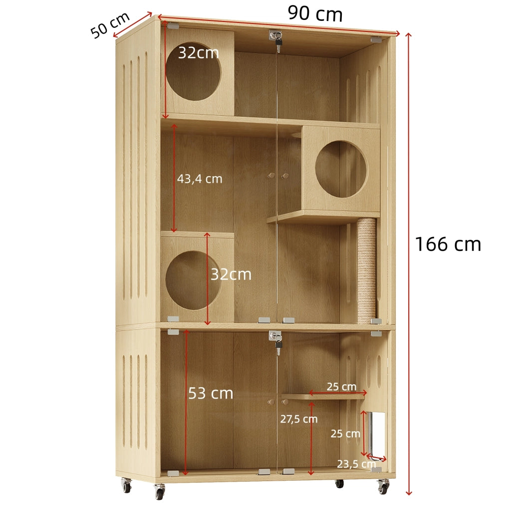Mobile contenitore per gatti con 3 livelli e porta in vetro - 90×50×166 cm - naturale