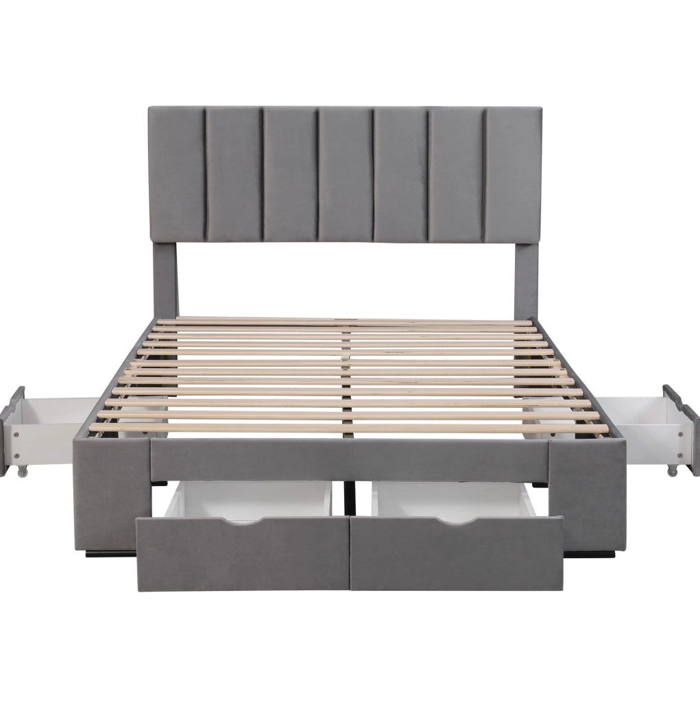 Letto imbottito 140x200 cm; con 4 cassetti e testiera regolabile; velluto grigio (Senza materasso)