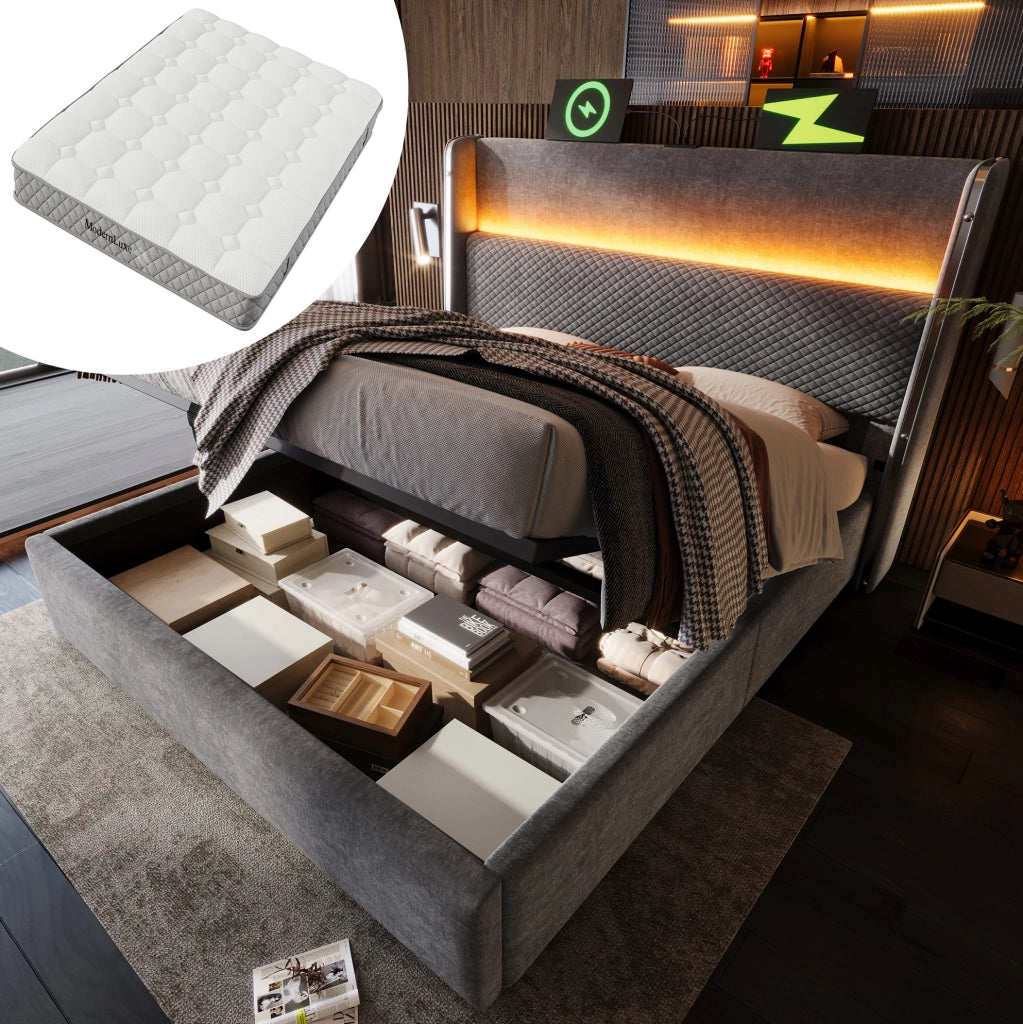 Letto contenitore 140x200 cm in lino grigio con testiera alta, LED, USB-C e materasso
