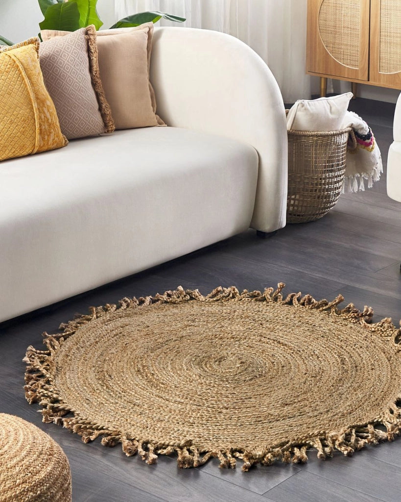 Tappeto beige rotondo 120 cm boho rustico iuta naturale decorativo soggiorno camera da letto sala da pranzo