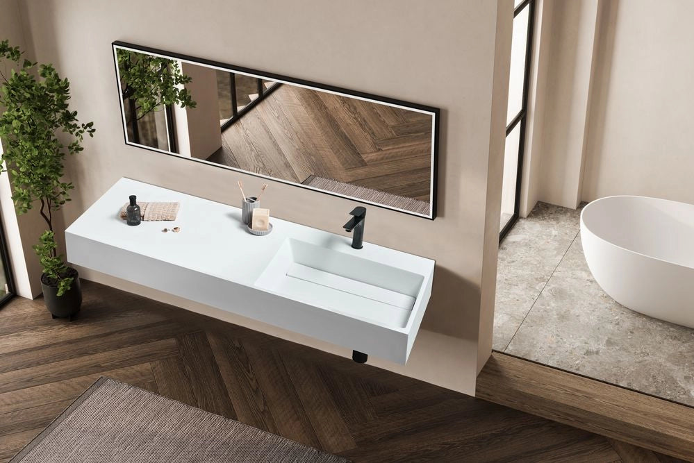 Lavabo bagno rettangolare in ceramica bianco 150 x 48 cm Lavello da bagno rettangolare