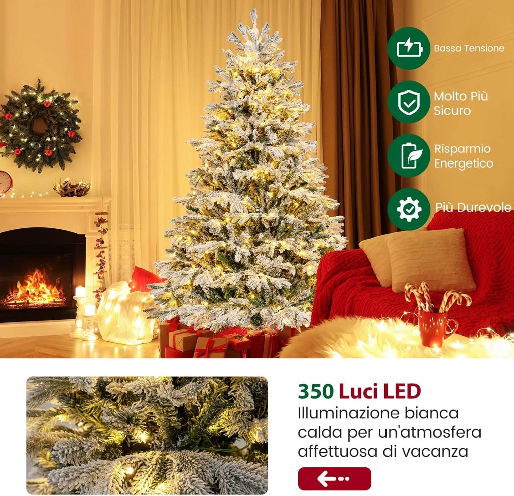 Albero di Natale Innevato 135/180/215 cm, Albero di Natale Pre-Illuminato con 200/350/450 Luci LED Bianche Calde, 688/1022/1328 Punte di Rami PE PVC, per Casa, Negozio e Ufficio (180 CM)