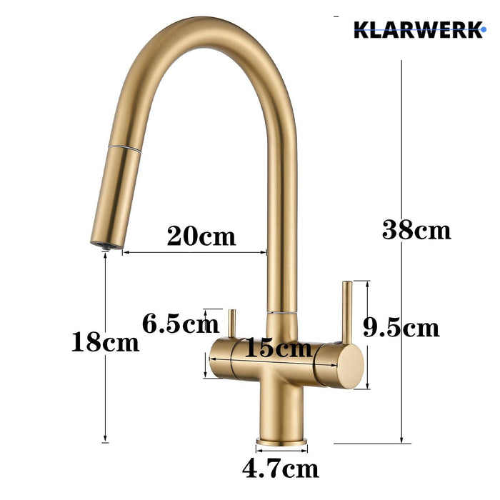 Jana | Rubinetto estensibile a 3 vie premium oro opaco | Rubinetto osmosi da cucina in acciaio inox |. Filtro 3 connessioni ad arco alto