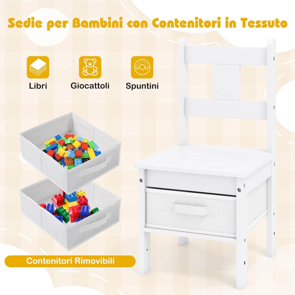 Tavole e Sedie per Bambini 3+ Anni, Tavolo in Legno con Casetta per Gatti, Buco per Gatti & Finestra Trasparente, 2 Sedie con Contenitori in Tessuto, Ideale per Disegnare e Studiare