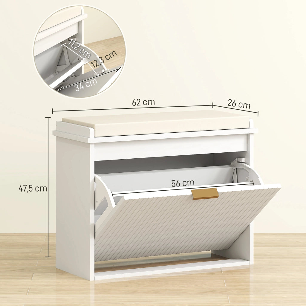 Panca con cuscino, cassetto e portascarpe ¨C zephmum ¨C bianco, 62x26x47.5 cm