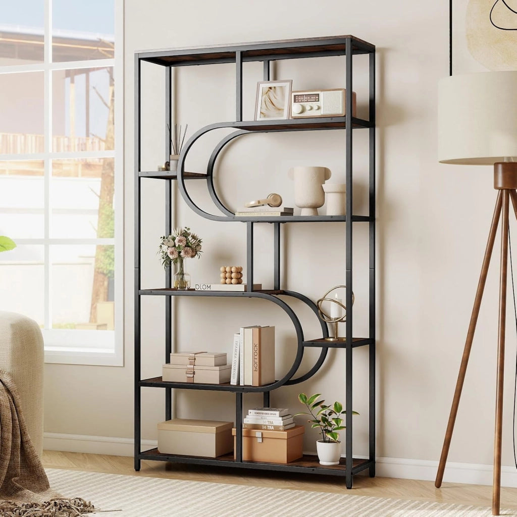Libreria a 5 Ripiani, Scaffale Alto Autoportante a Forma Ovale con Ripiani Aperti, Struttura in Metallo, Organizer per Soggiorno e Ufficio di Casa, 95x30x175 cm (Marrone)