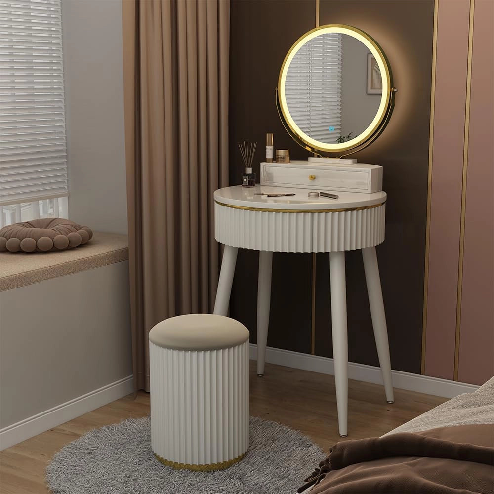Tavolo da toilette Gesa, Bianco, 60 cm con specchio a LED in 3 tonalità di bianco, dimmerabile, inclusa panca e controllo touch per illuminazione LED