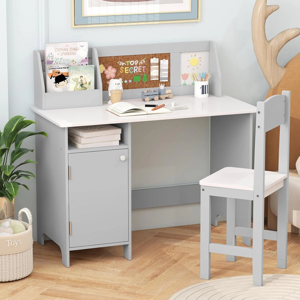 Set Scrivania e Sedia per Bambini per Studio e Lettura, Grigio | Banco Scuola con Sedia Ergonomica, Lavagna Bianca, Pennarello, Armadietto e Bacheca, Postazione Computer per Cameretta Studio