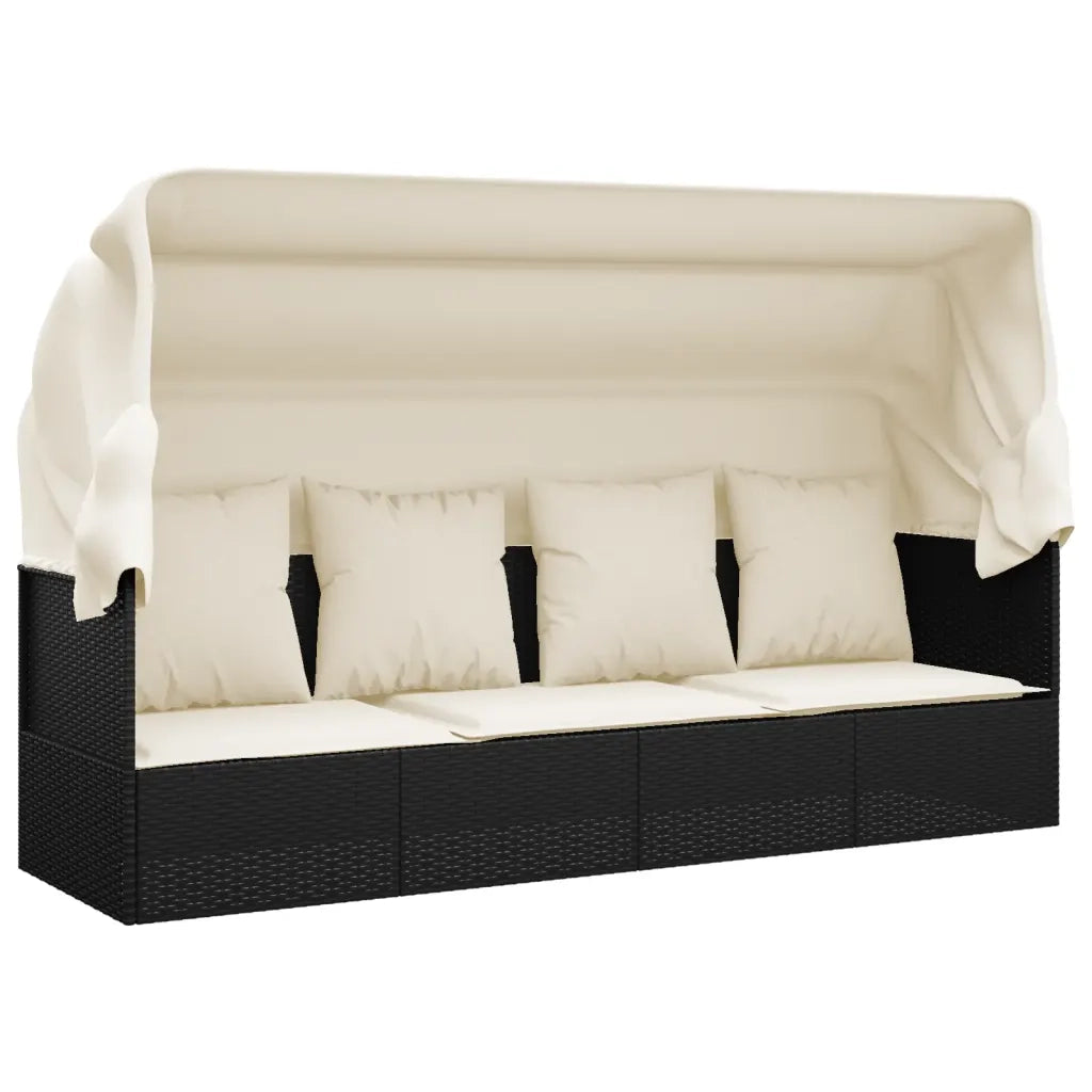 Lettino Prendisole | Sdraio da giardino | Lettino da sole Esterno con Tetto e Cuscini Nero Polyrattan