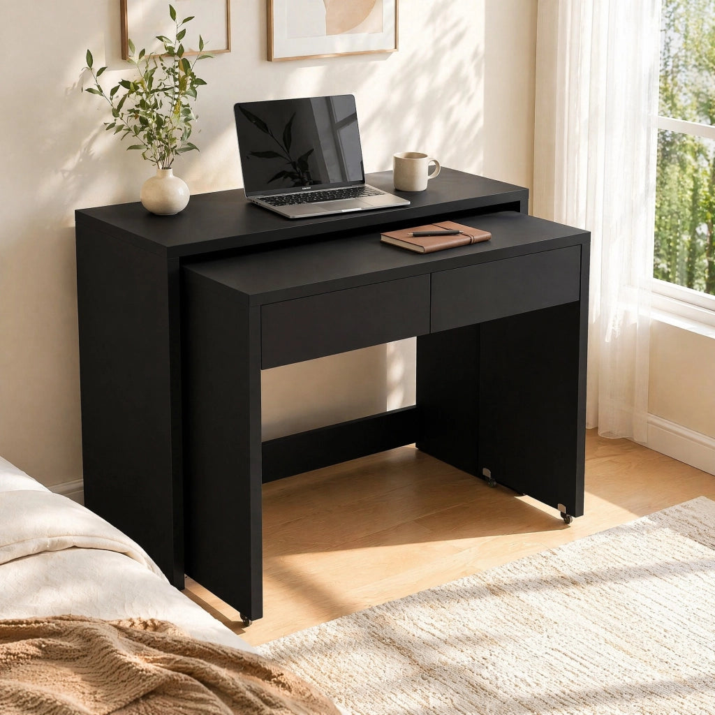 Scrivania pieghevole 2 in 1 con ruote e 2 cassetti, 110×40×78 cm, colore nero